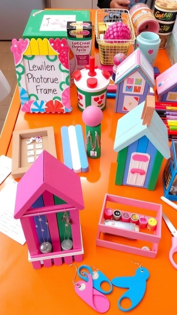 A collection of ice cream stick crafts including a picture frame, mini house, and jewelry organizer on a colorful table.